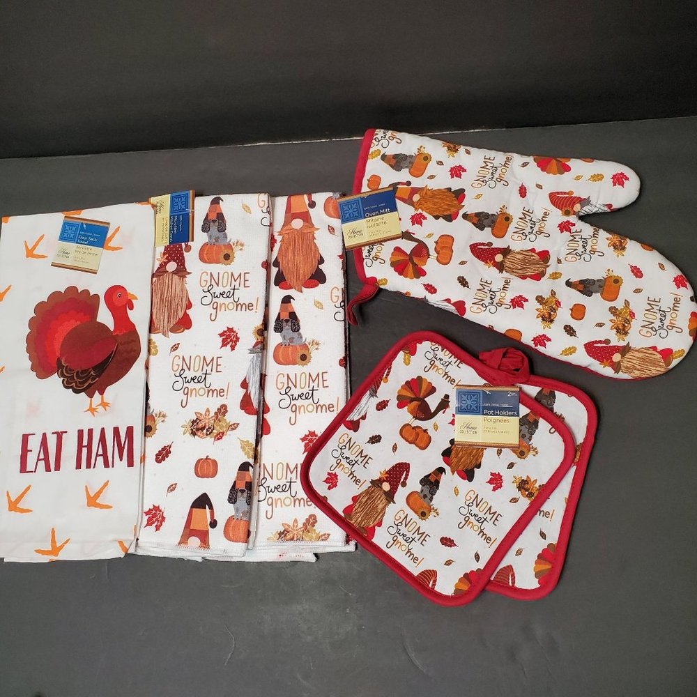 Autumn Gnome Kitchen Set of 6 Towels Mitts, Thanksgiving, Gnome Sweet Gnome, NEW
